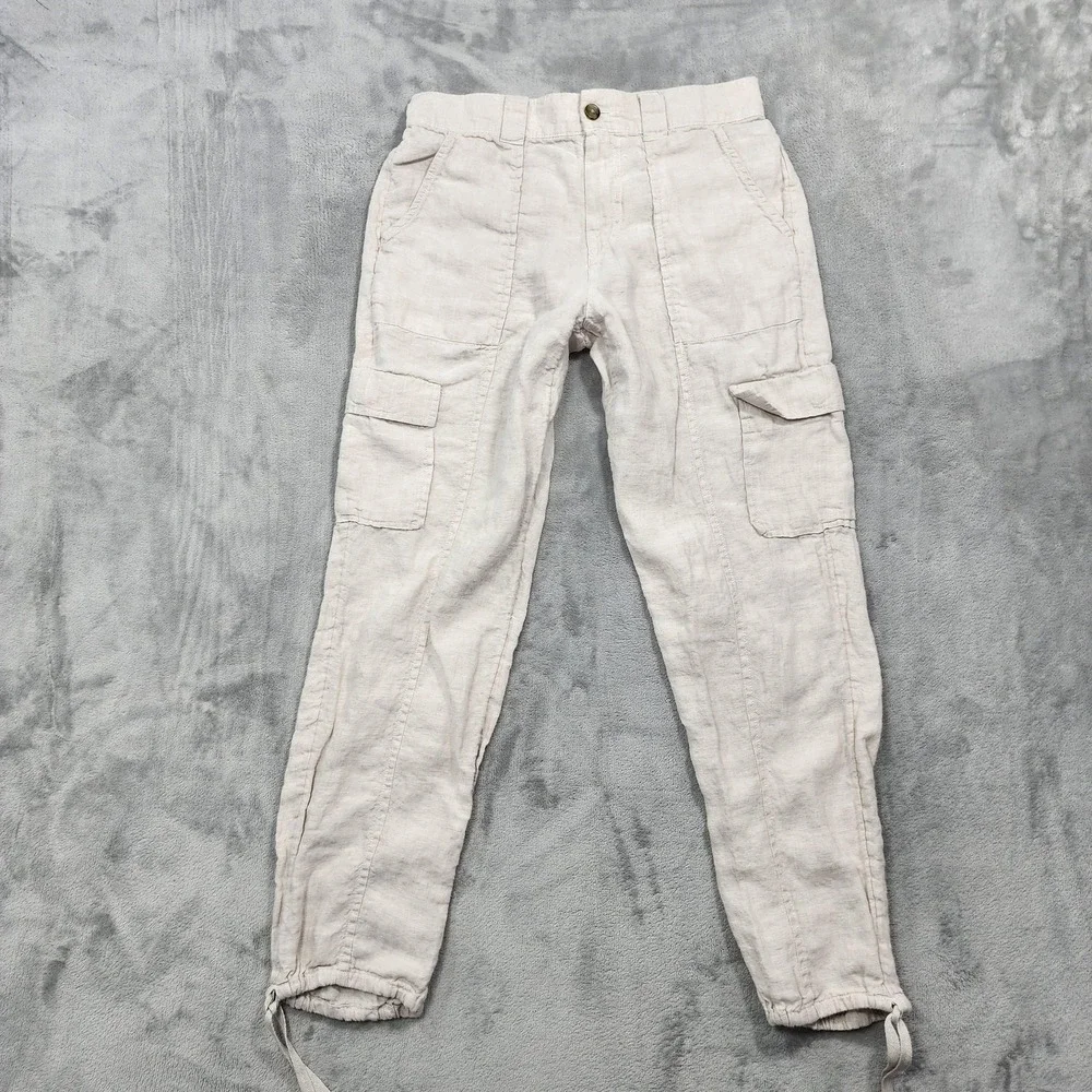 C&C California Pants Womens M Beige Linen Cargo Pull On Drawstring Hem Jogger
